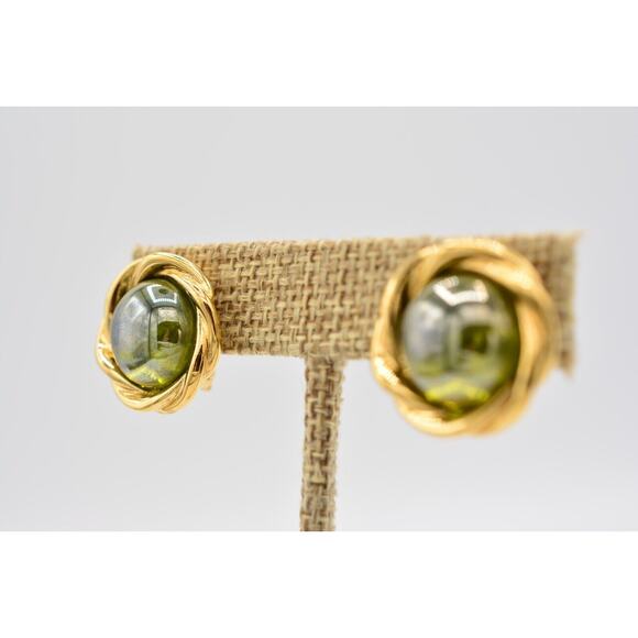 Givenchy Vintage Cabochon Clip On Earrings Gold Green Signed Runway 1980s BinAK - Picture 3 of 12